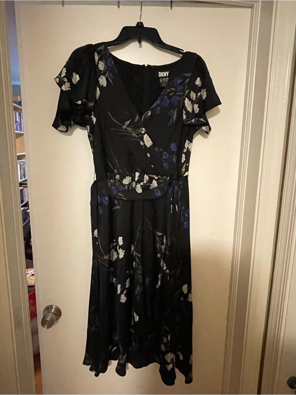 DKNY Black Floral Wrap Midi Dress with Blue & White Blooms
